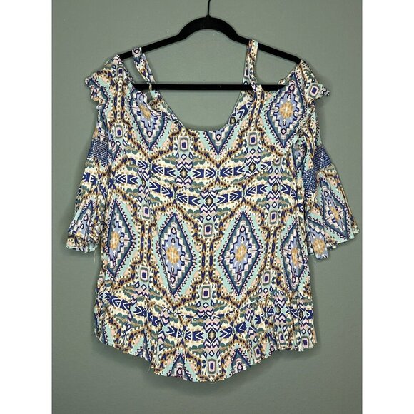 Democracy Geo Print 3/4 Smocked Sleeve Cold Shoulder Peplum Hem Shirt Top Large - Picture 1 of 14